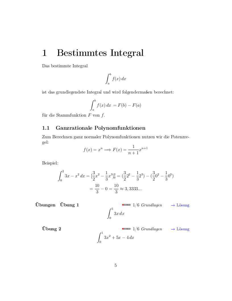 Aufgabenseite aus dem Kapitel Bestimmtes Integral