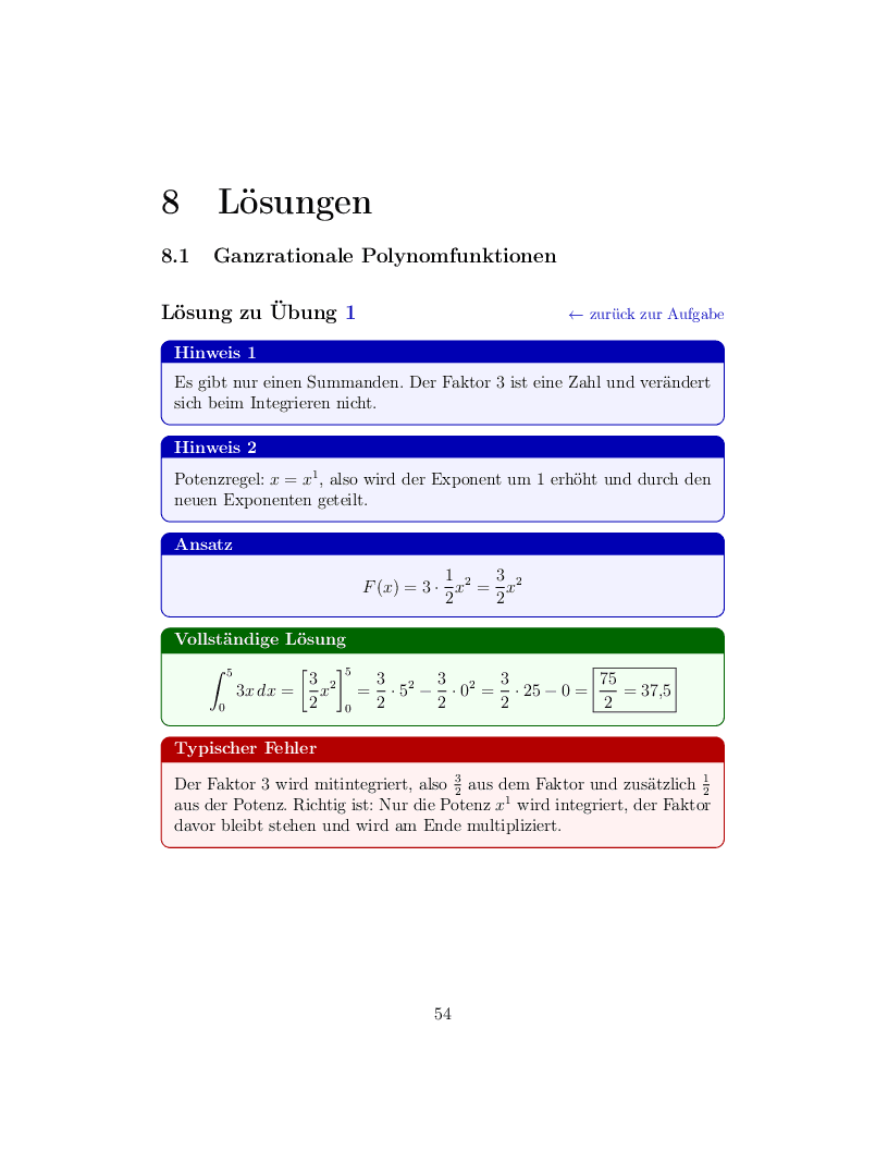 Lösungsseite mit Hinweisen, Ansatz, vollständiger Lösung und typischem Fehler
