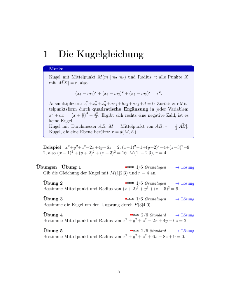 Aufgabenseite aus dem Kapitel Die Kugelgleichung