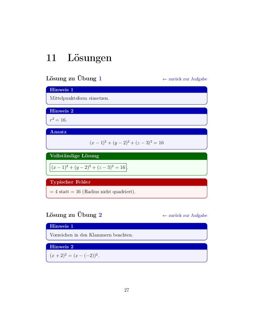 Lösungsseite mit Hinweisen, Ansatz, vollständiger Lösung und typischem Fehler